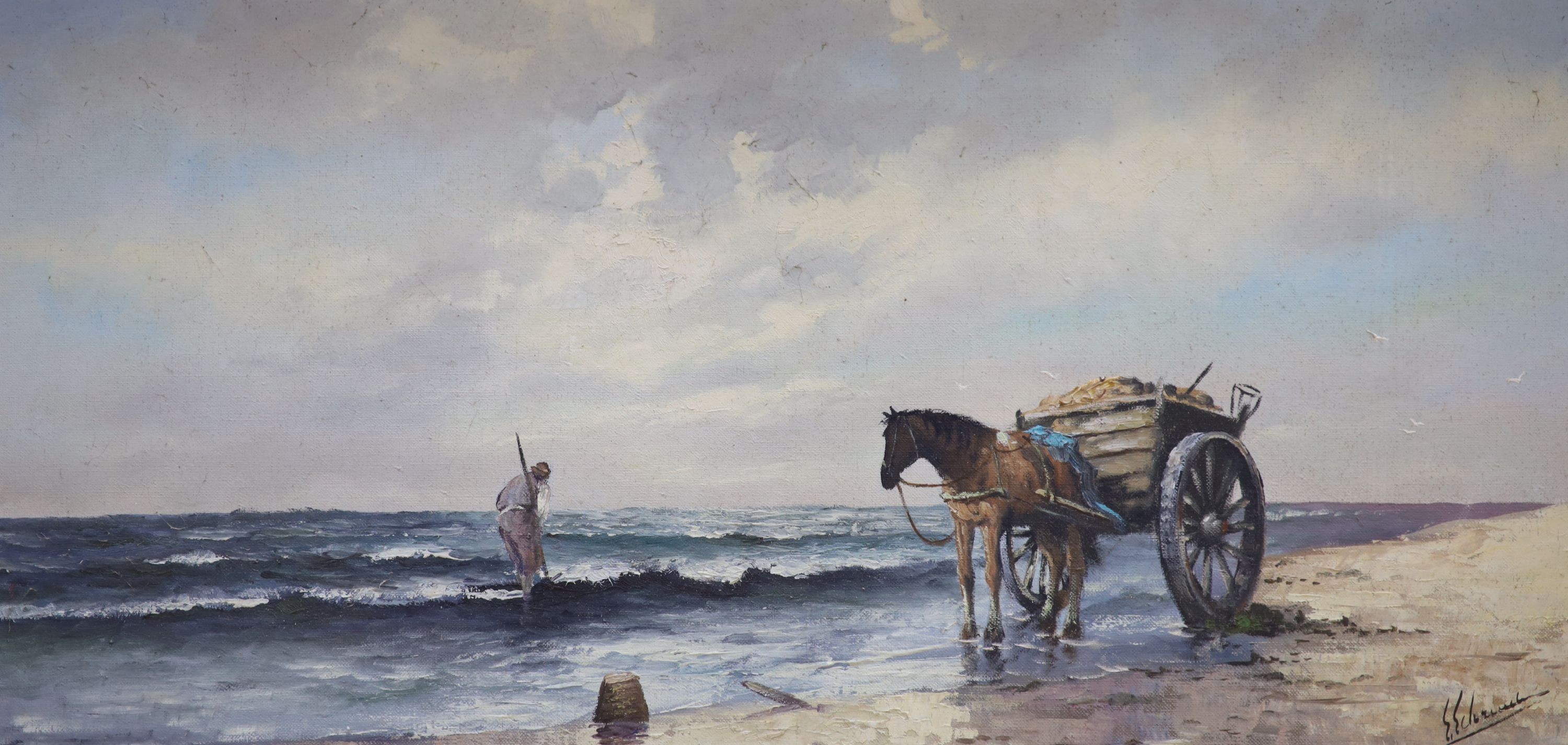 Continental School, oil on canvas, Seaweed gatherer on the shore, indistinctly signed, 38 x 78cm, together with an oil still life of flowers, 60 x 50cm